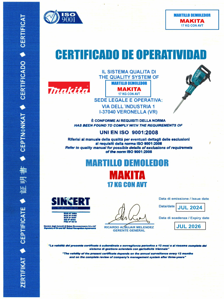 Certificado de Operatividad Rotomartillo | PDF