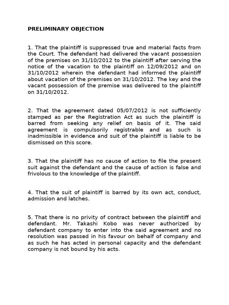 Preliminary Objection in Legal Dispute | PDF