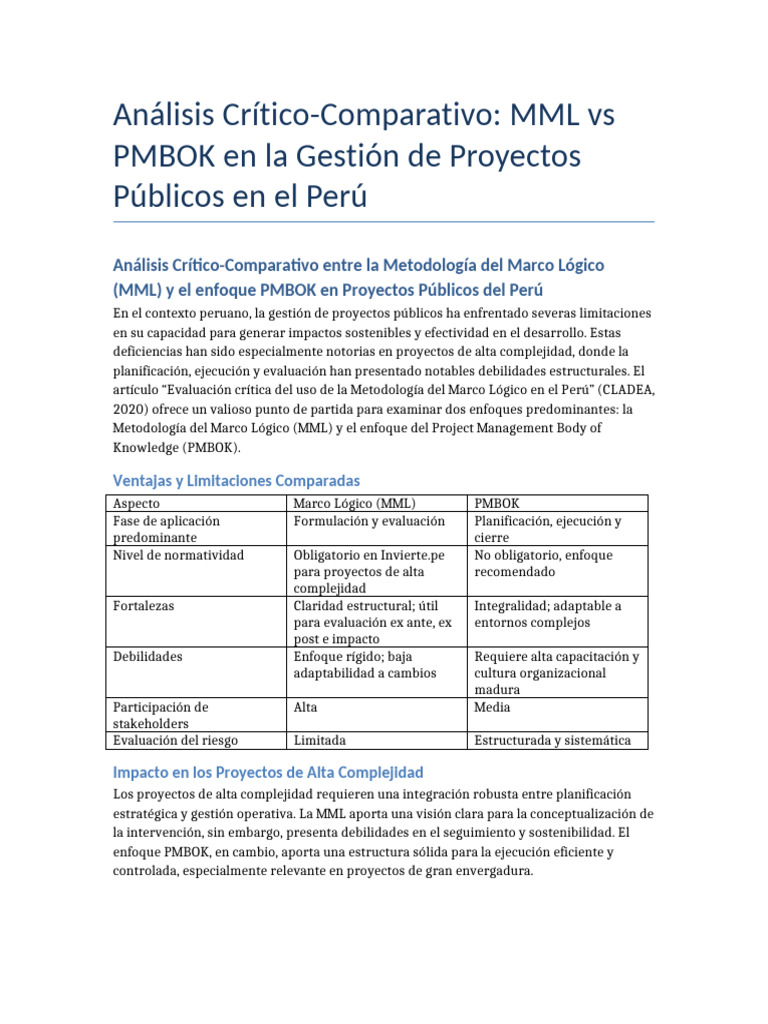 MML vs PMBOK en Proyectos Públicos Perú | PDF | Gestión de proyectos ...