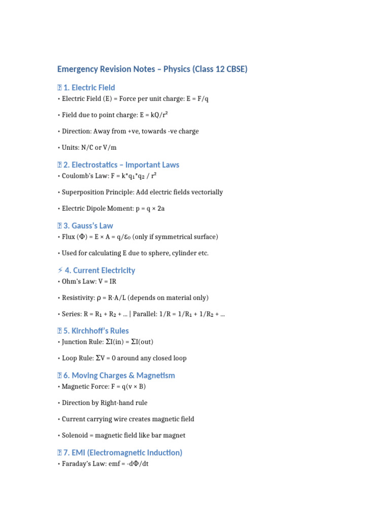 Class 12 Physics Emergency Notes | PDF