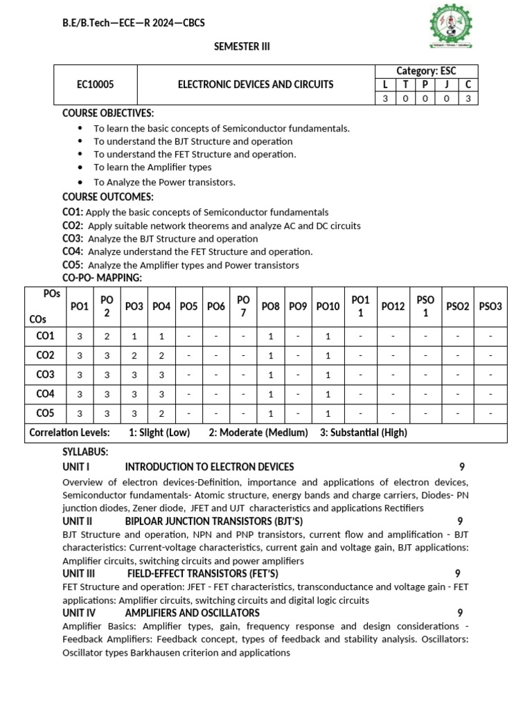 Electronic Devices and Circuits Syllabus | PDF | Bipolar Junction ...