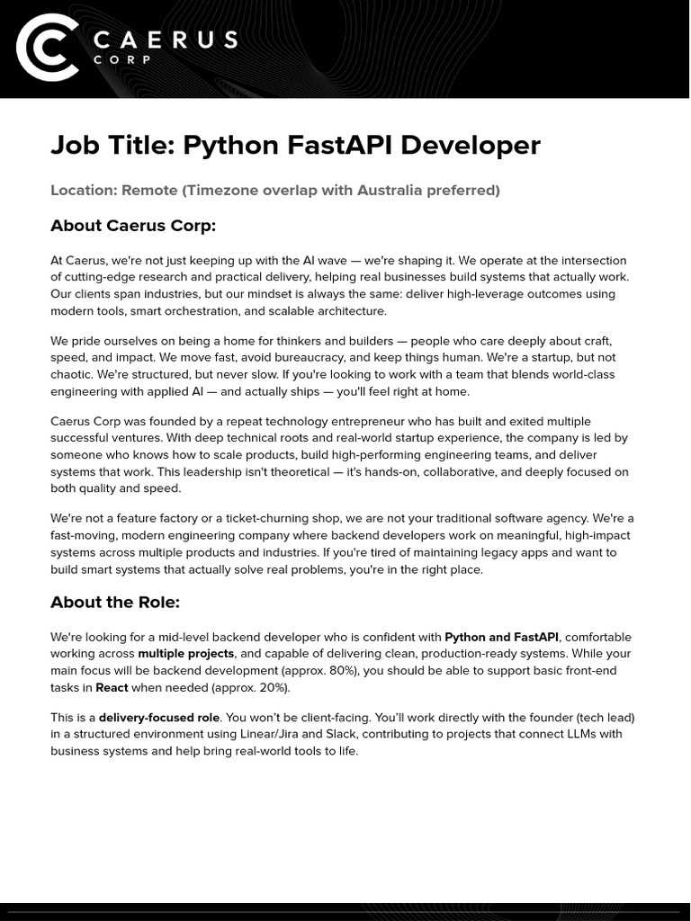 Python FastAPI Developer at Caerus Corp | PDF | Postgre Sql ...