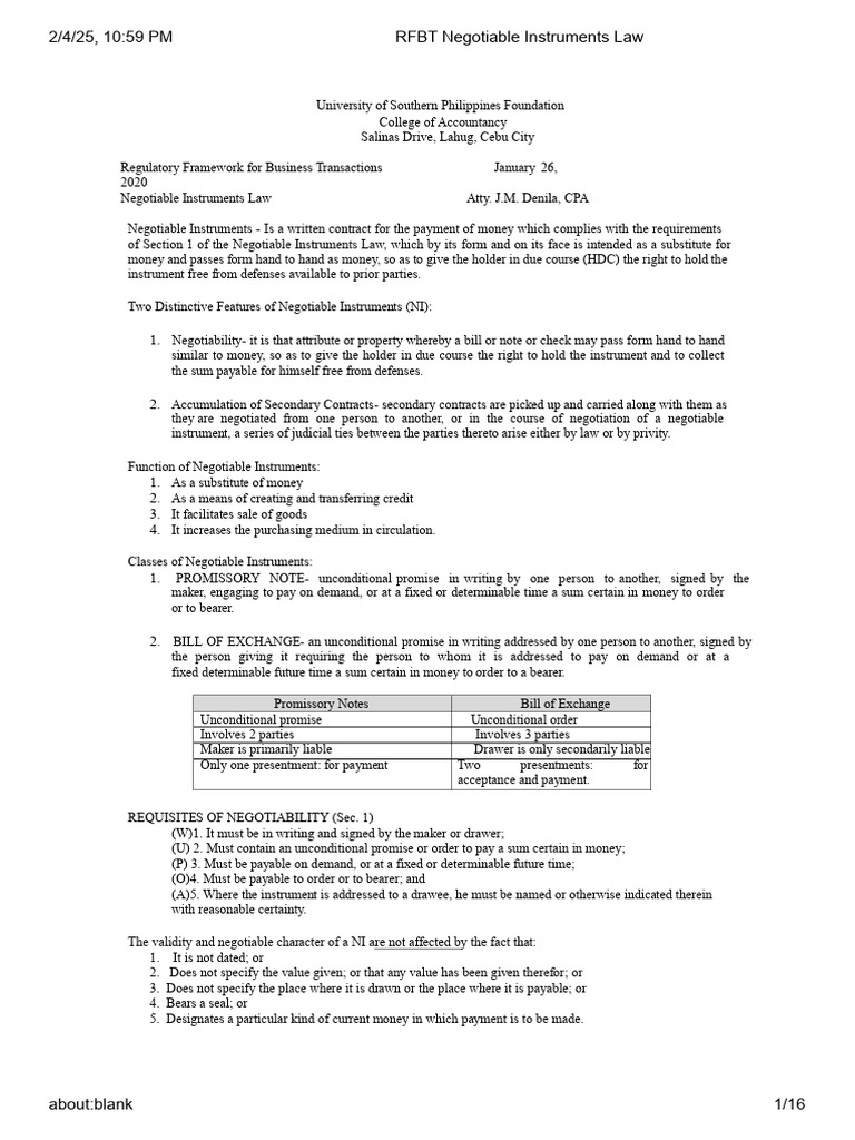 Understanding Negotiable Instruments Law | PDF | Negotiable Instrument ...