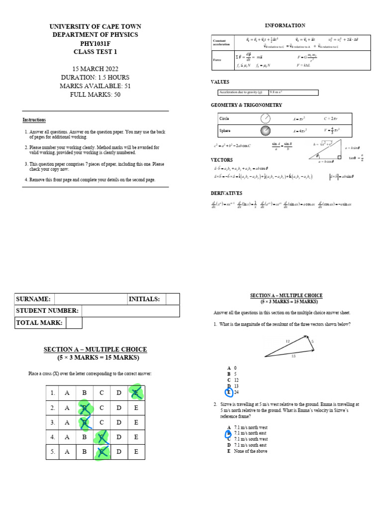 UCT PHY1031F Class Test 1 Details | PDF | Force | Euclidean Vector