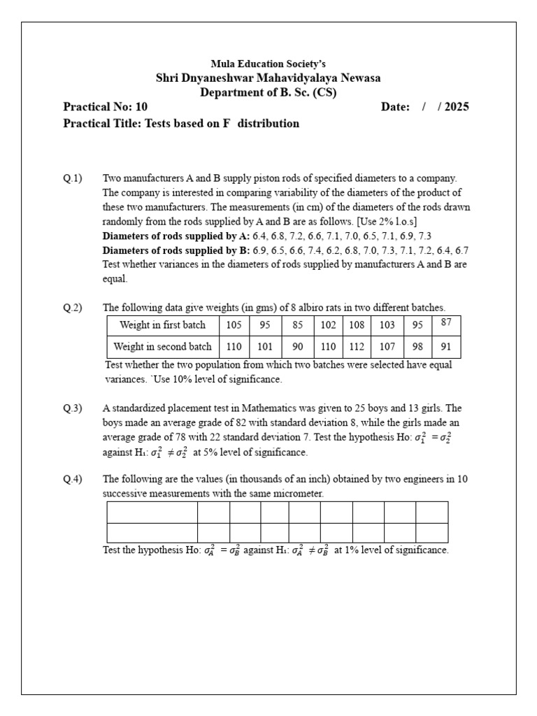 F-Distribution Variance Tests in Statistics | PDF