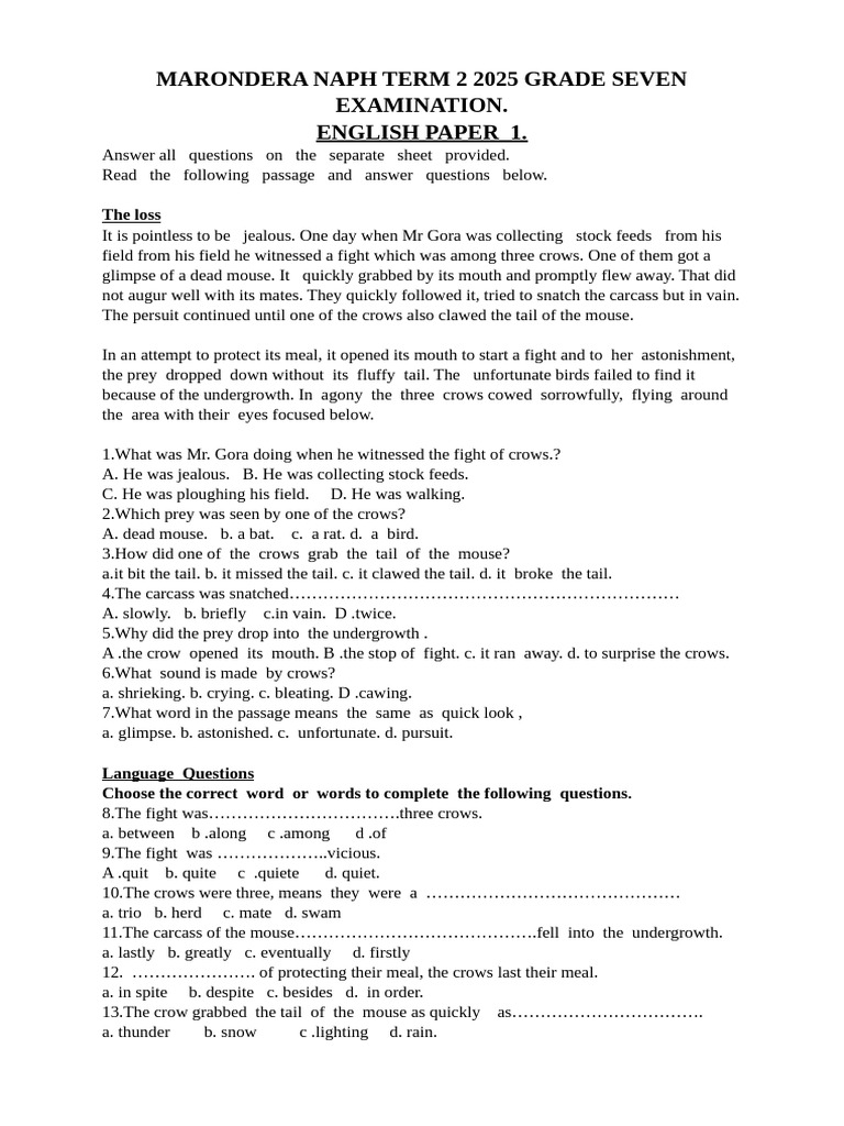 Grade 7 English Exam: Term 2 2025 | PDF | Foods | Peanuts