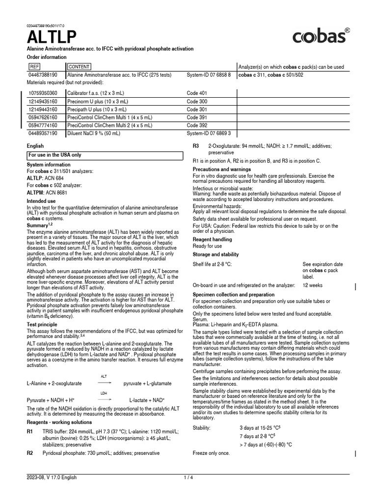 ALT Test Procedure for cobas Systems | PDF | Alanine Transaminase ...