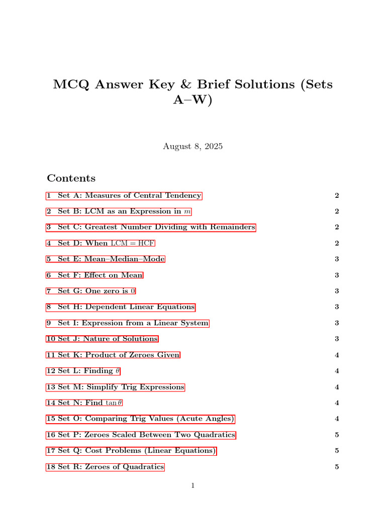 MCQ Answer Key & Solutions Overview | PDF | Mathematics | Elementary ...