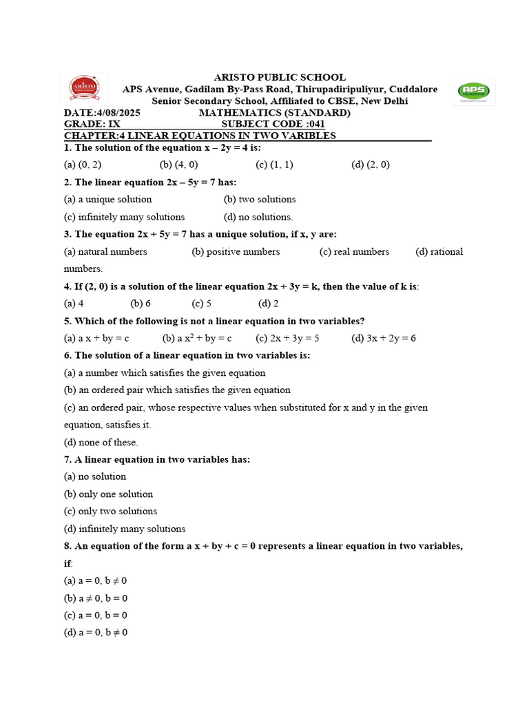 Class 9 Maths: Linear Equations Worksheet | PDF | Cartesian Coordinate ...