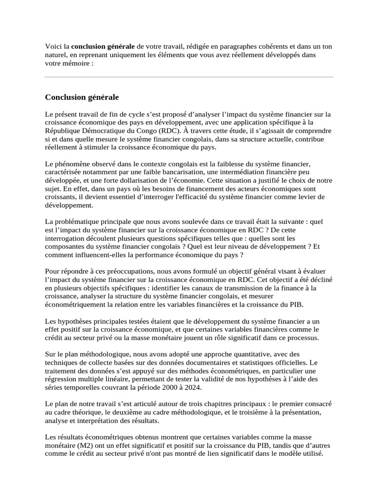 Impact du système financier sur la RDC | PDF | Économétrie | Croissance ...