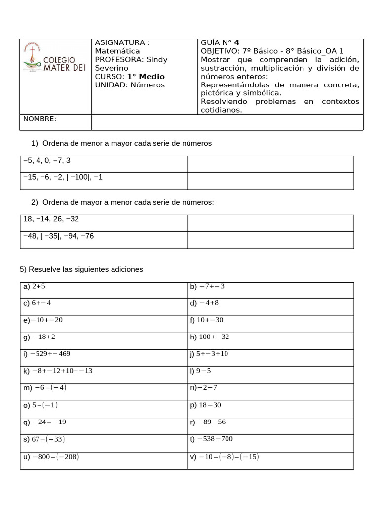 Guía de Matemáticas: Operaciones con Números Enteros | PDF | Entero ...