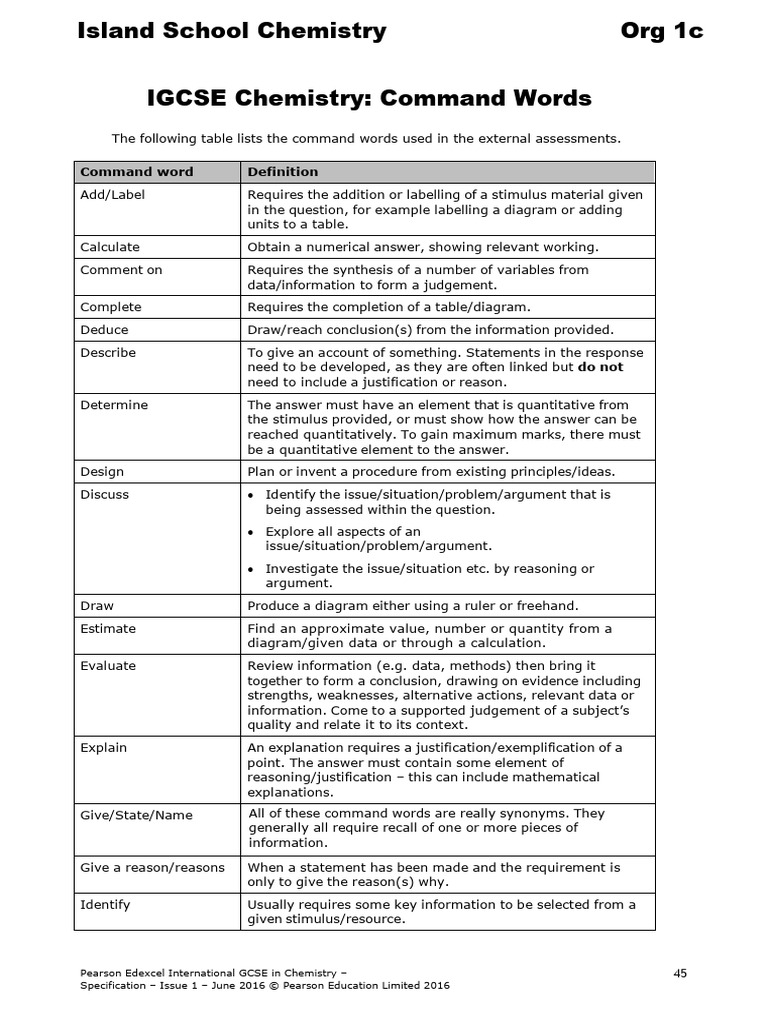 IGCSE Chemistry Command Words Guide | PDF | Reason | Information