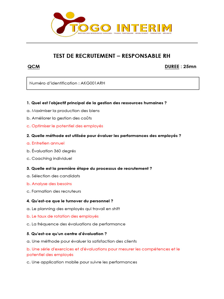 QCM Recrutement Responsable RH | PDF | Gestion des ressources humaines ...