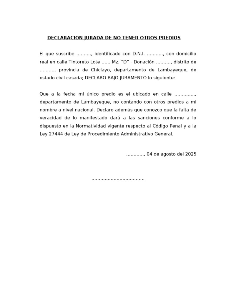 Declaracion Jurada de No Tener Otros Predios A Mi Favor | PDF