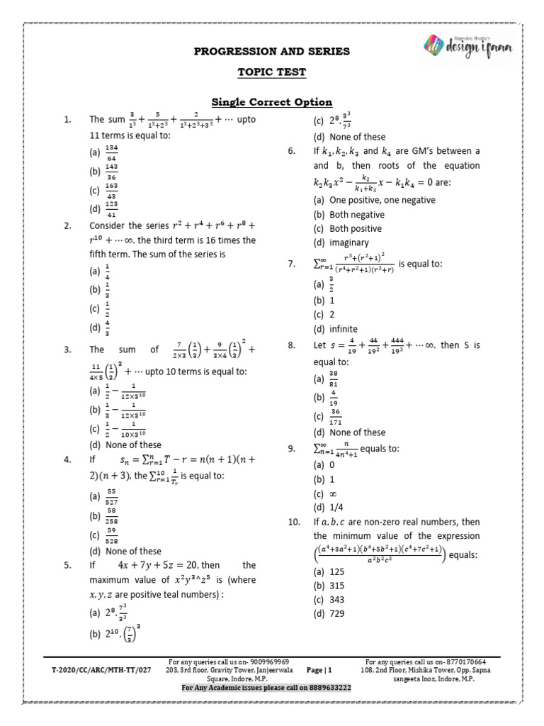 Progression and Series Test Questions | PDF | Sequence | Elementary ...