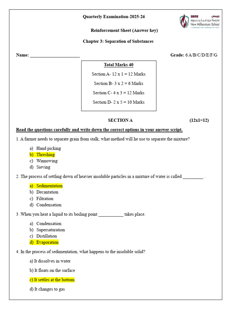Separation of Substances Answer Key | PDF | Mixture | Filtration