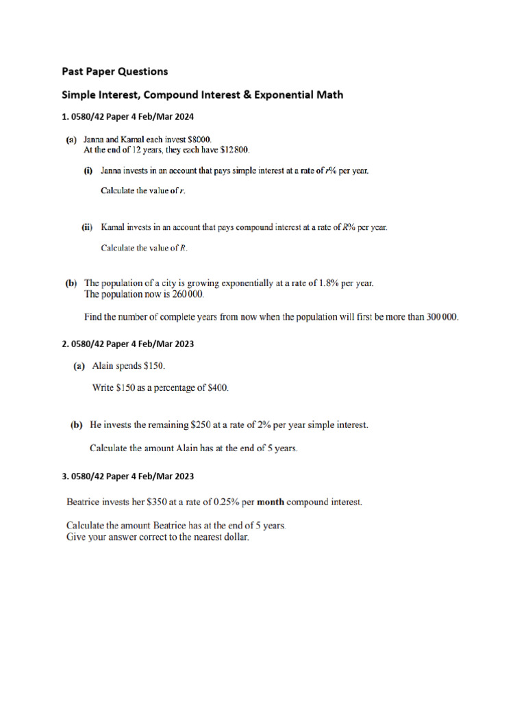 IGCSE Simple and Compound Interest Papers | PDF