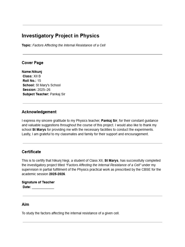 Physics Investigatory Project | PDF | Voltage | Quantity