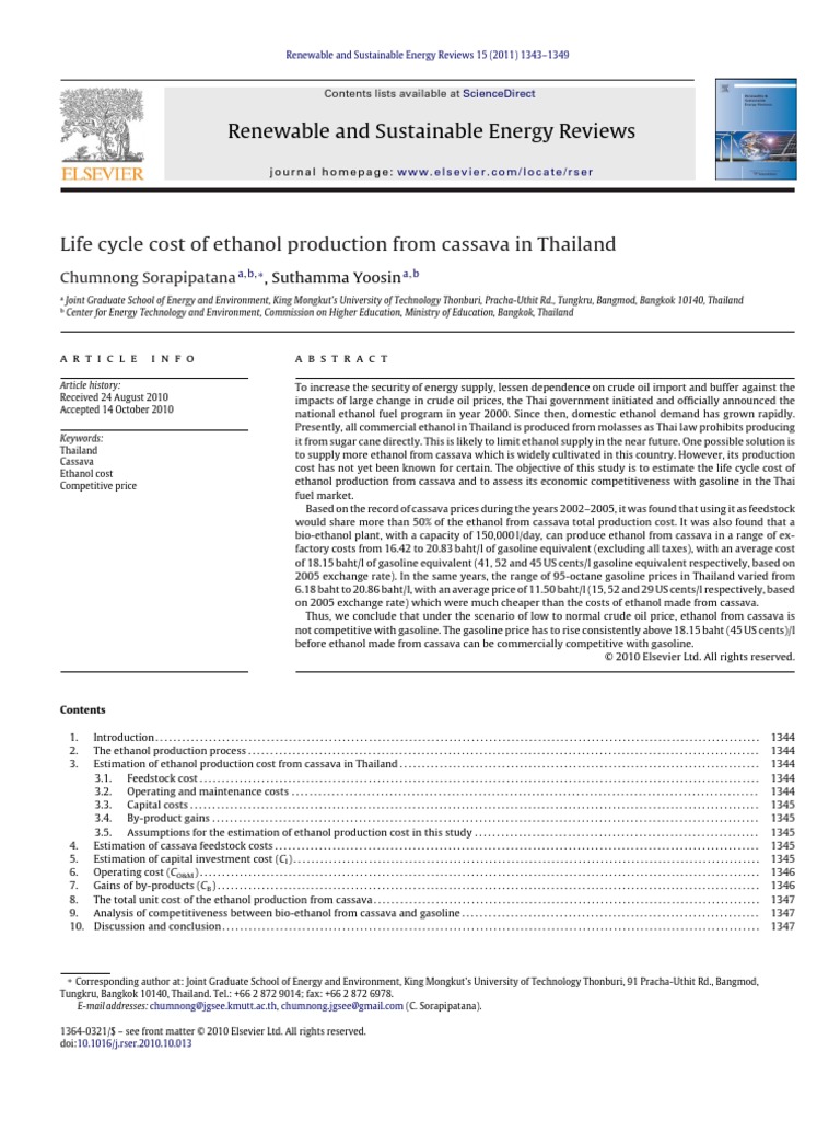 Life Cycle Cost of Ethanol Production From Cassava in Thailand | PDF ...