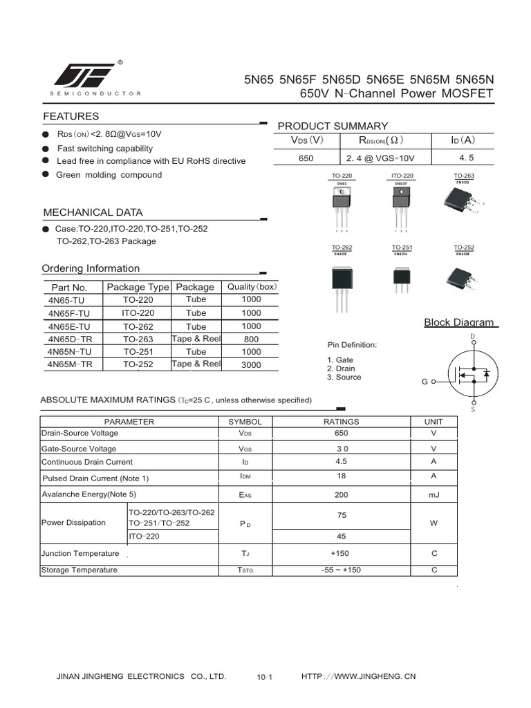 5N65 5N65F 5N65D 5N65E 5N65M 5N65N 650V N Channel Power MOSFET | PDF ...