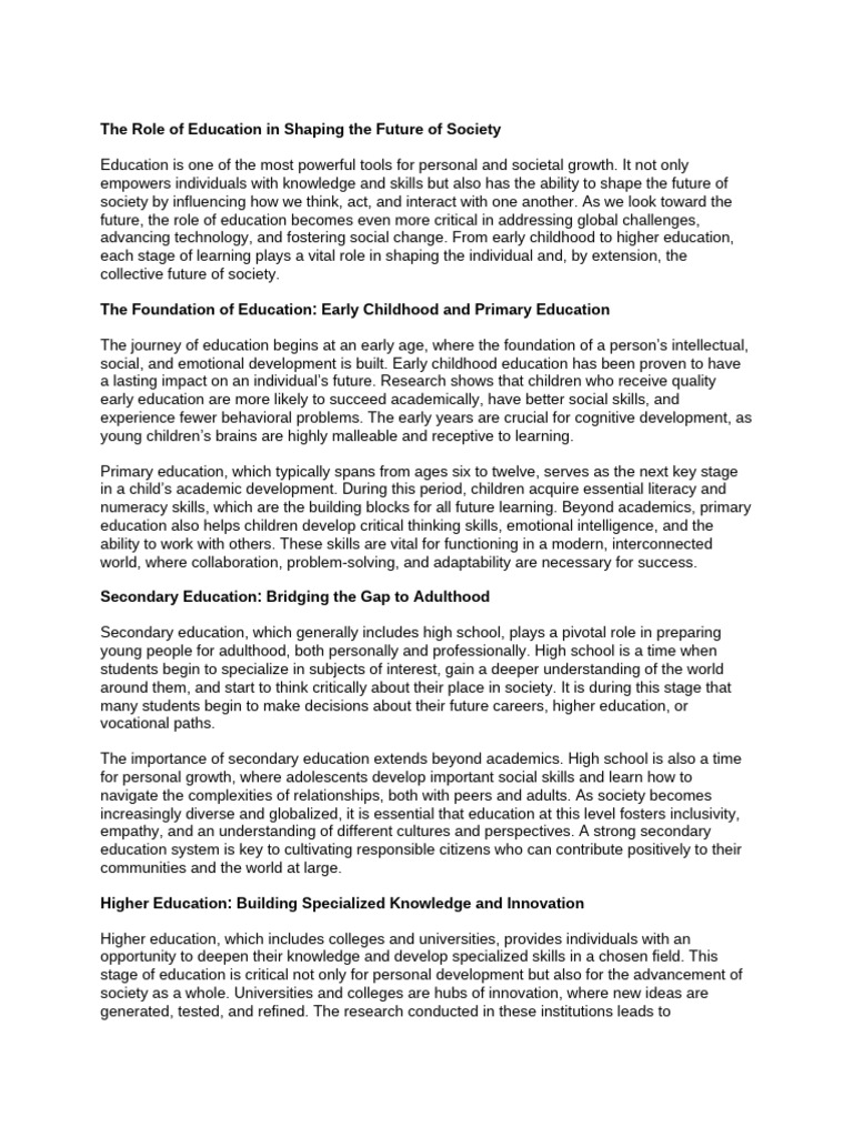 Education's Role in Shaping Society's Future | PDF | Early Childhood ...