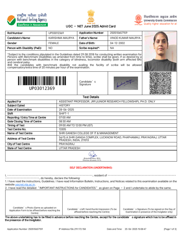 UGC NET June 2025 Admit Card Details | PDF | Identity Document