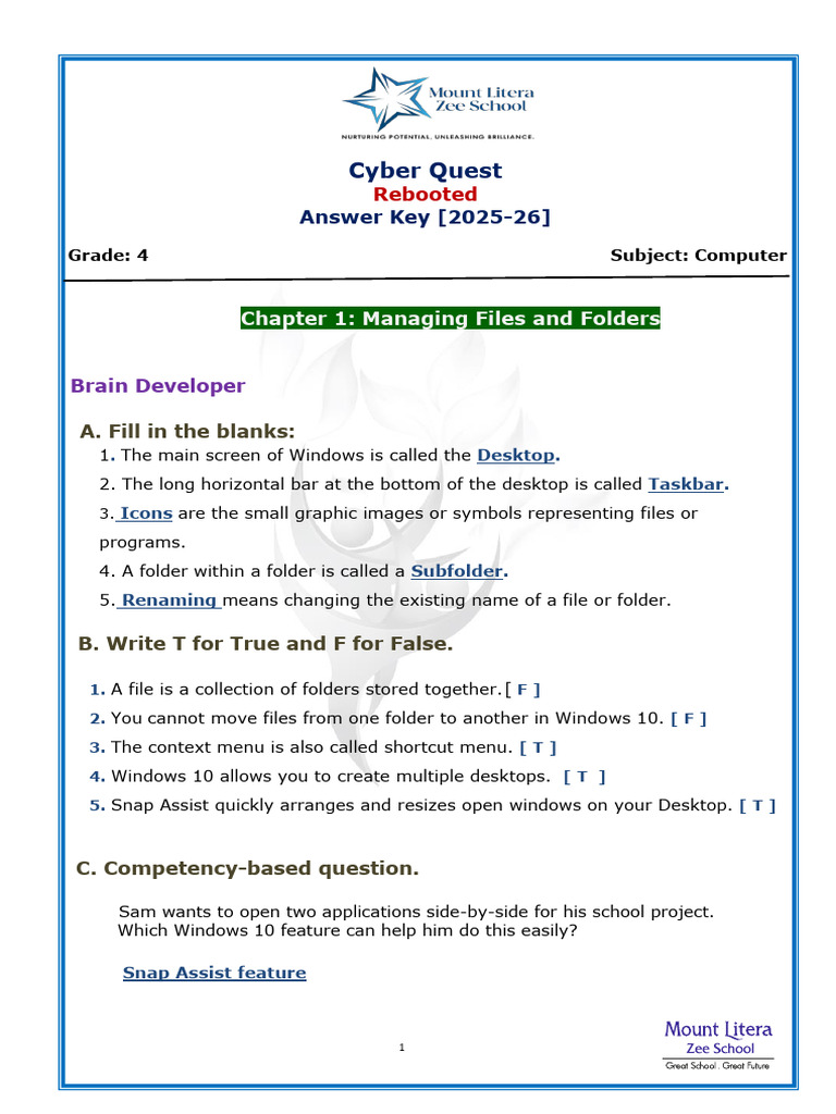 Grade 4 - Computer - Ch-1 Managing Files and Folders | PDF | Icon ...