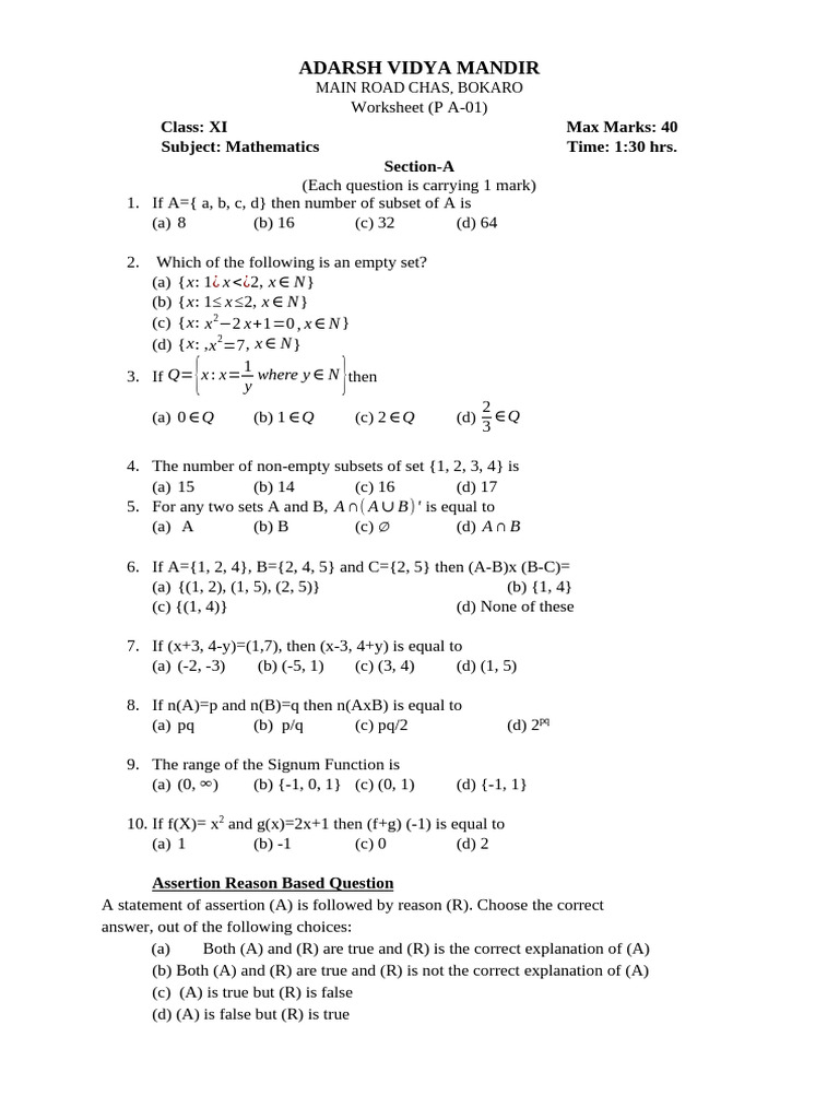 Class XI Mathematics Worksheet on Sets | PDF | Mathematics ...