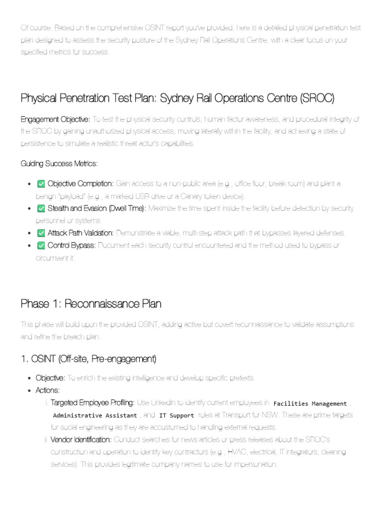 Sydney ROC Physical Pentest Recon Plan | PDF | Computer Security | Security