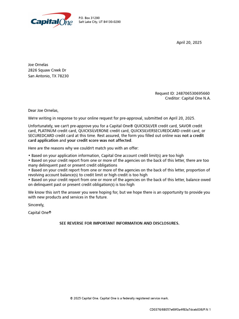 Capital One Credit Pre-Approval Denial Notice | PDF | Credit History ...
