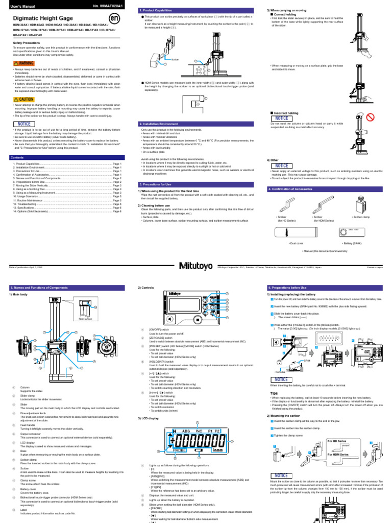 Mitutoyo Digimatic Height Gage Manual | PDF | Switch | Equipment