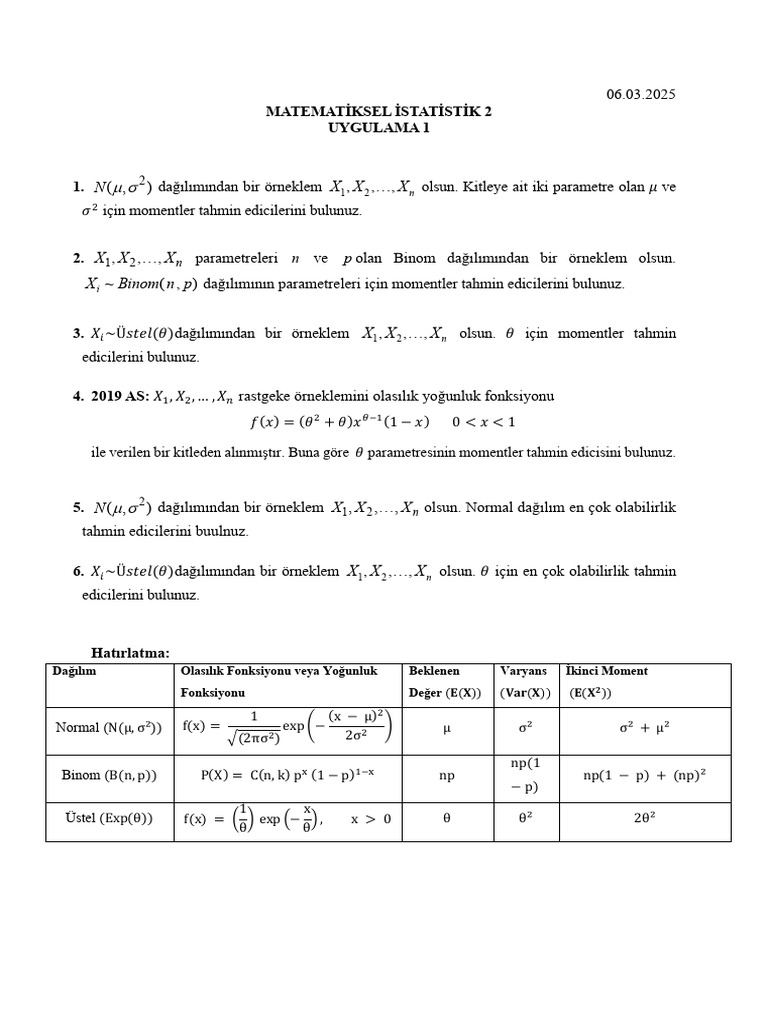 Uyg2 06.03.2025 Matematiksel Istatistik 2 Sorular | PDF