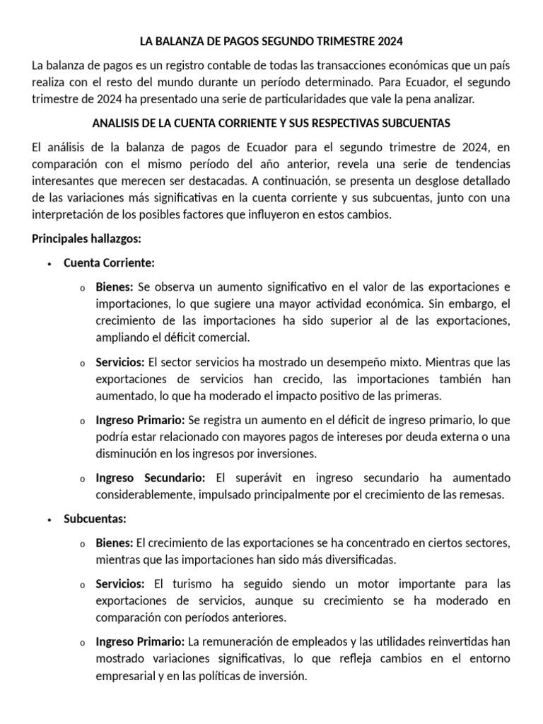 La Balanza de Pagos Segundo Trimestre 2024 | PDF | Balance de pagos ...
