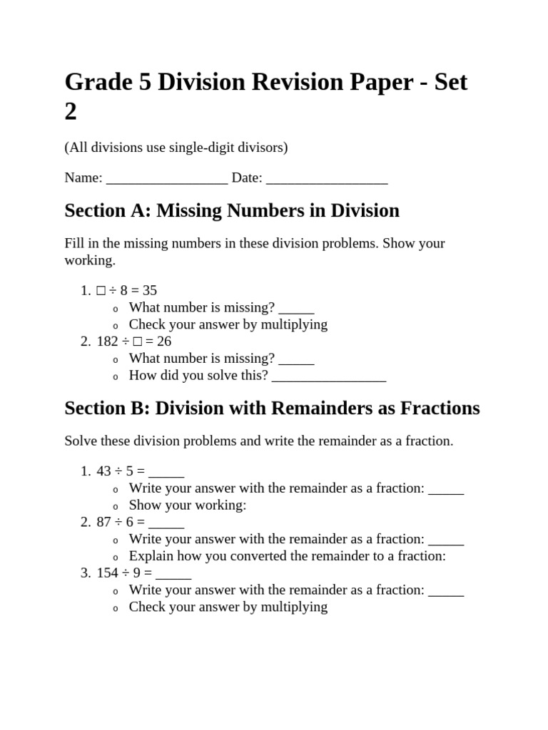 Grade 5 Division Revision Paper 2 | PDF