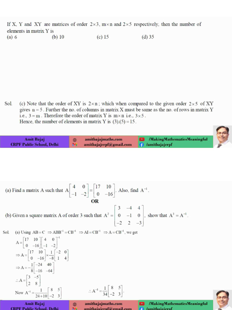 Class XII MATRICES Most Important Questions For 2024-25 Examination (Dr ...