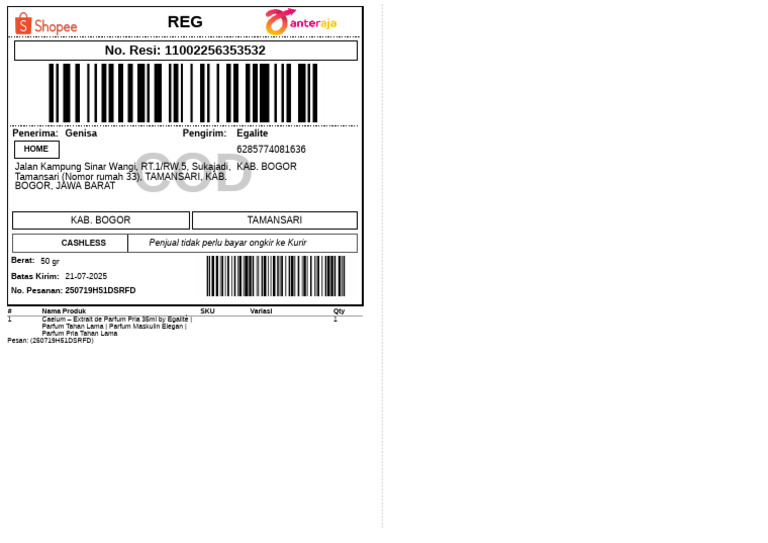Label Pengiriman - Reguler - 1 | PDF