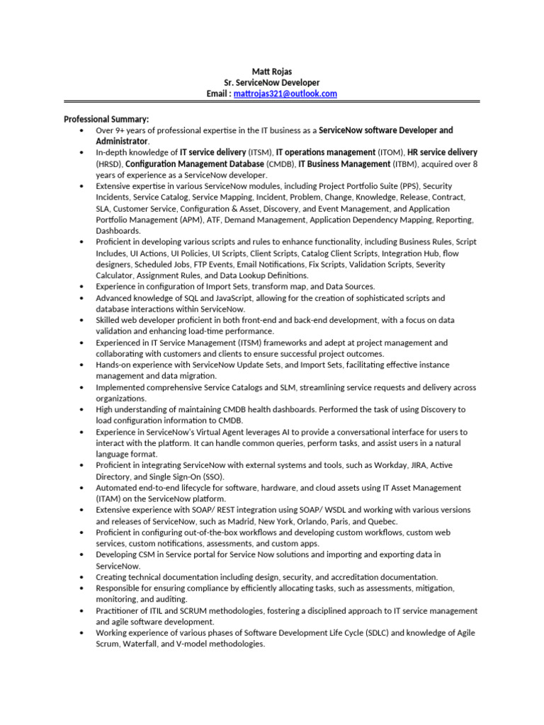 Senior ServiceNow Developer Profile | PDF | Web Service | World Wide Web