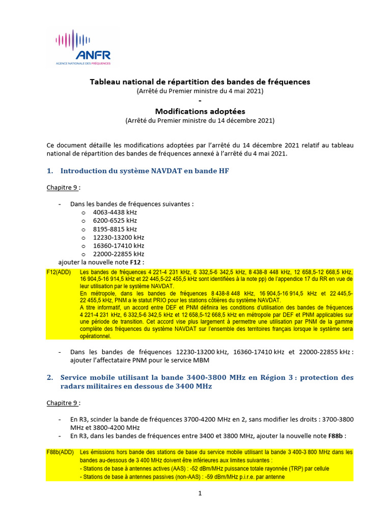 Modifications du tableau des fréquences 2021 | PDF | Antenne (Radio ...
