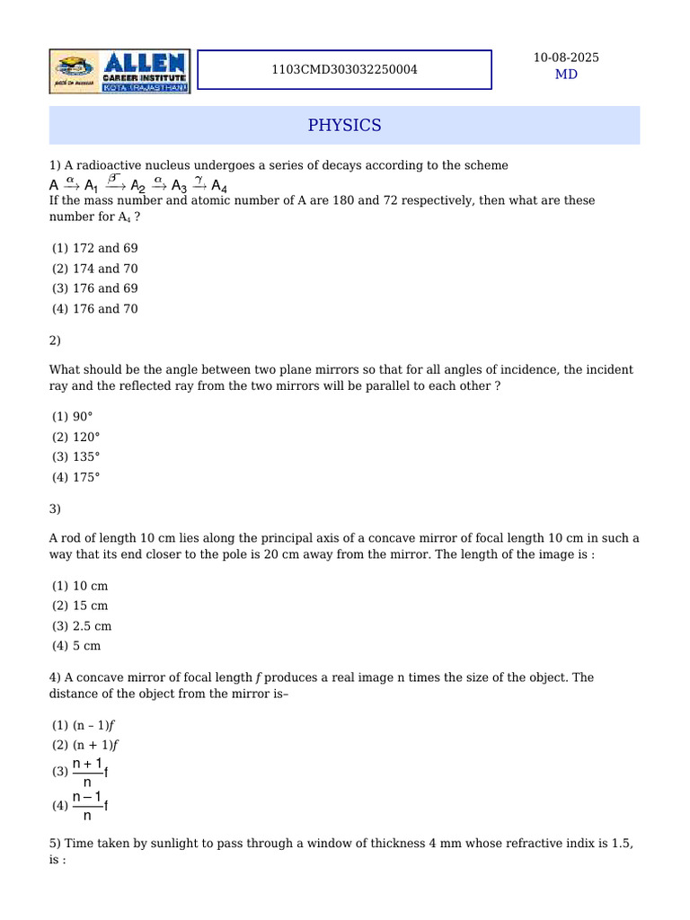 Physics Problems on Light and Optics | PDF | Polysaccharide ...