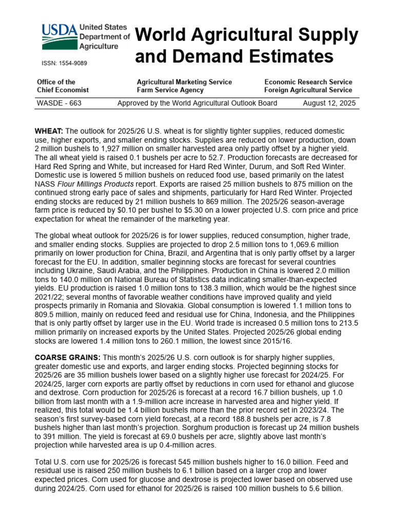 WASDE Report: U.S. Crop Outlook 2025/26 | PDF | Cereals | Sugar Beet