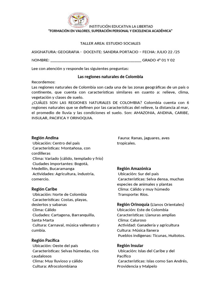 Taller Estudio Sociales Remota 4 Grado | PDF | Colombia | Clima