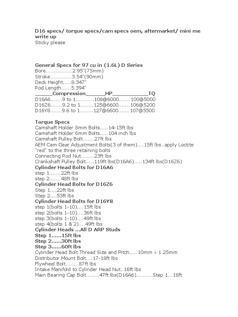 D16 Torque Specs PDF Rotating Machines Systems Engineering