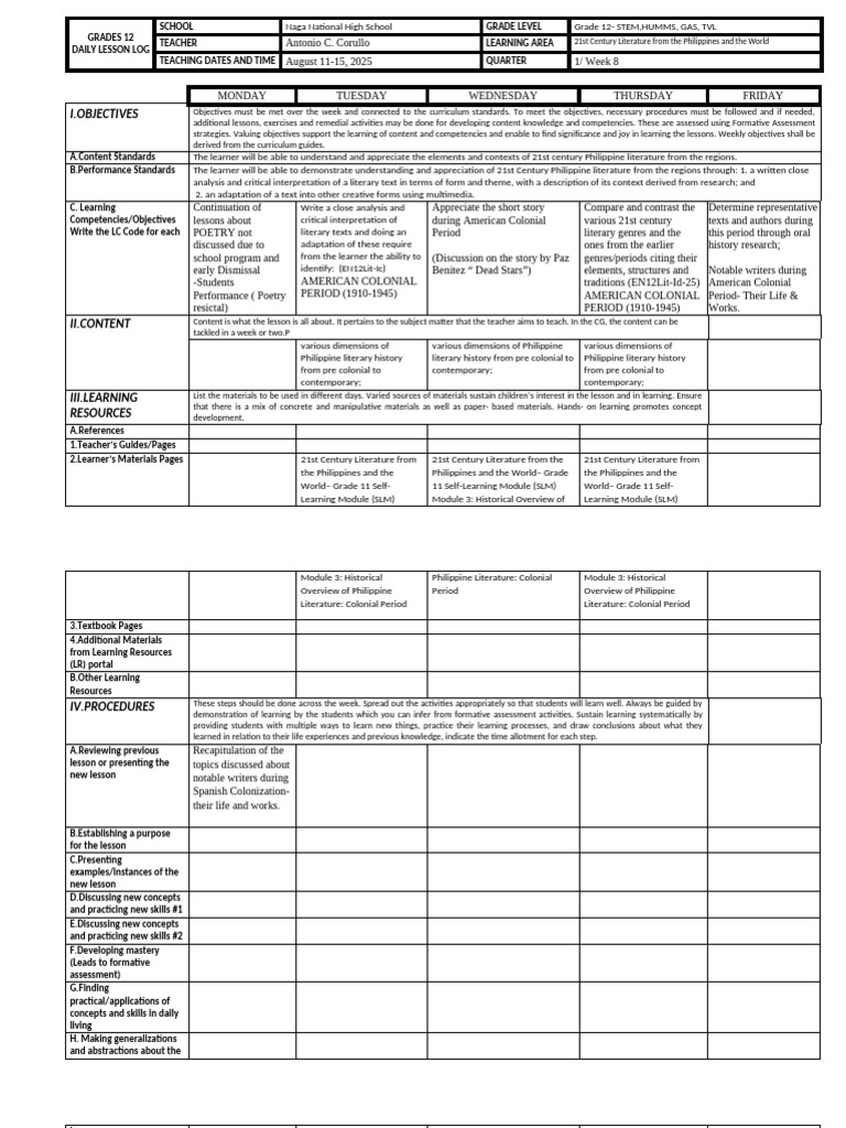 Grade 12 Daily Lesson Log: 21st Century Literature | PDF | Educational ...