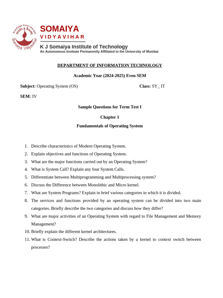 Sample Questions TT1 | PDF | Scheduling (Computing) | Thread (Computing)
