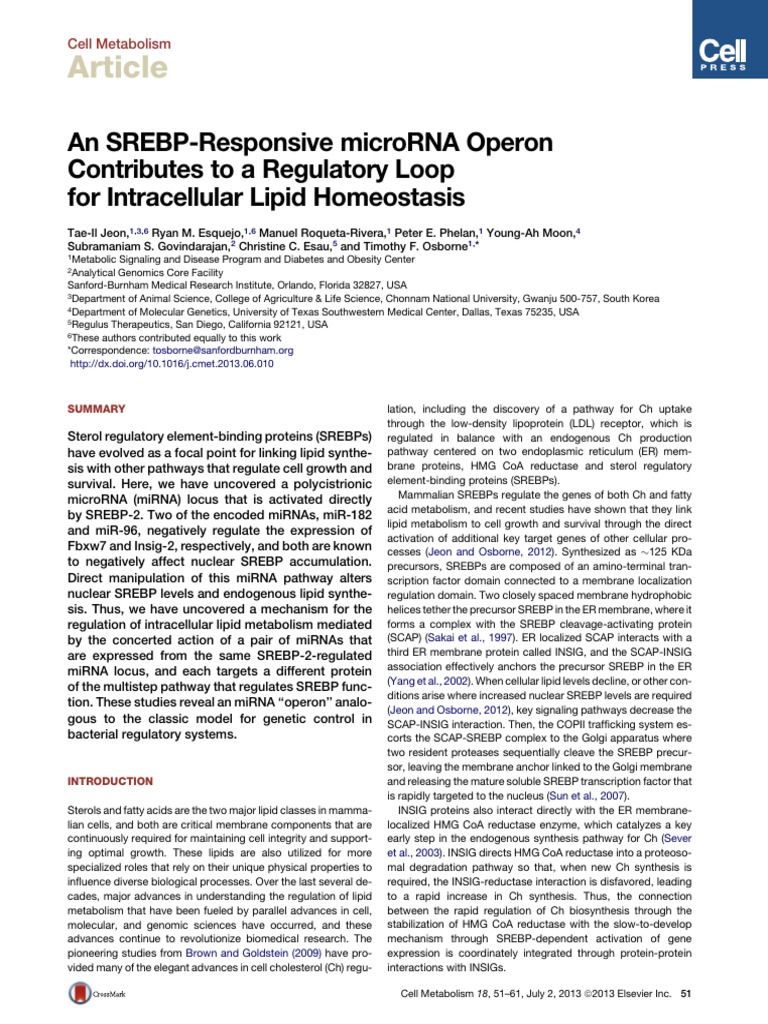 SREBP-Responsive miRNA Operon in Lipid Regulation | PDF | Micro Rna ...