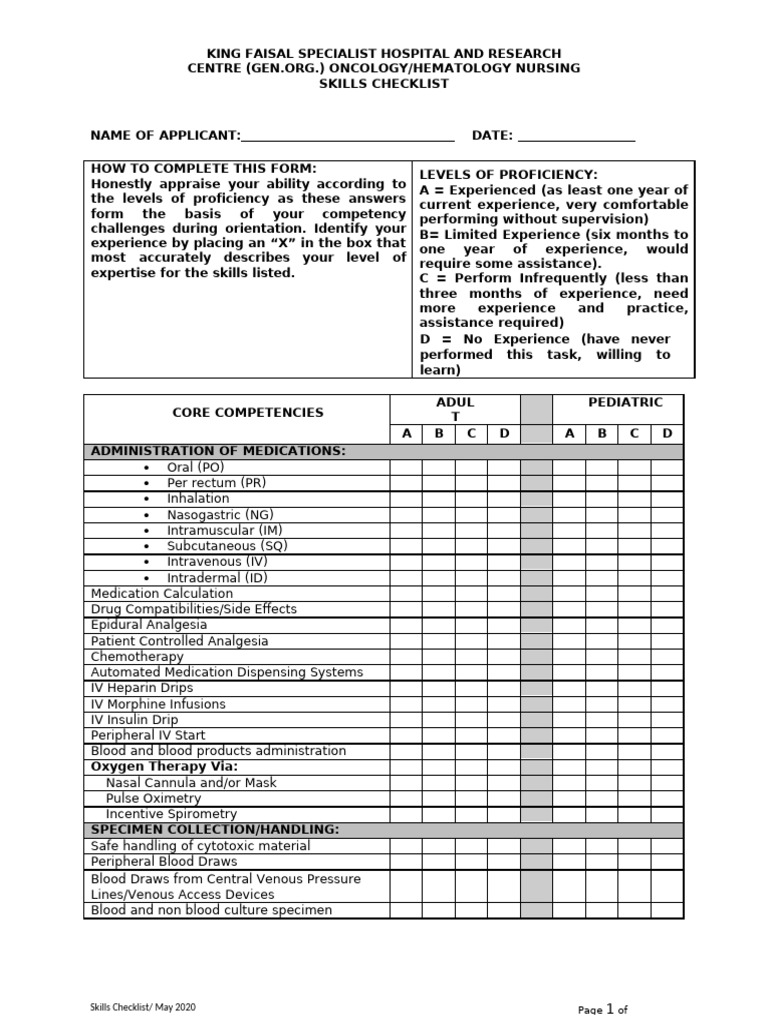 Oncology Hematology Nursing Skills Checklist | PDF | Intravenous ...