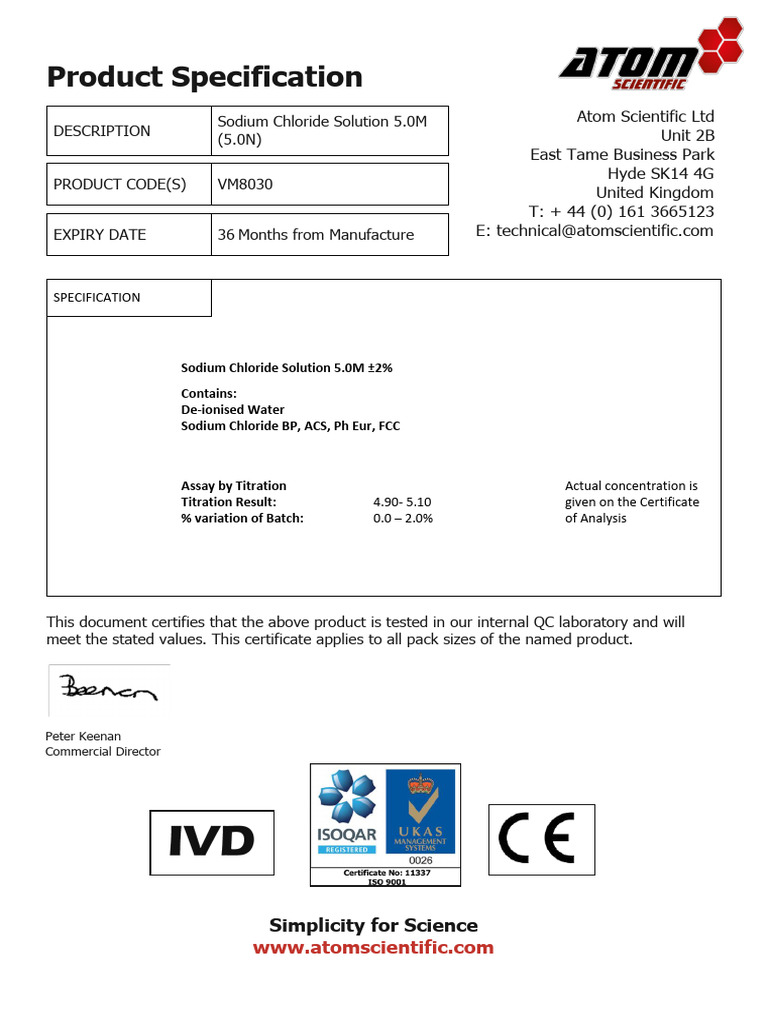 Sodium Chloride Solution 5.0M Specs | PDF