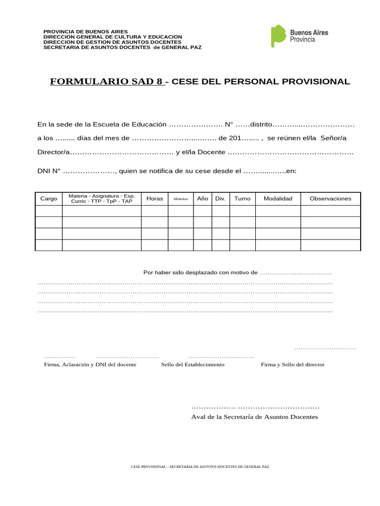 Formulario SAD 8: Cese Docente Provisional | PDF