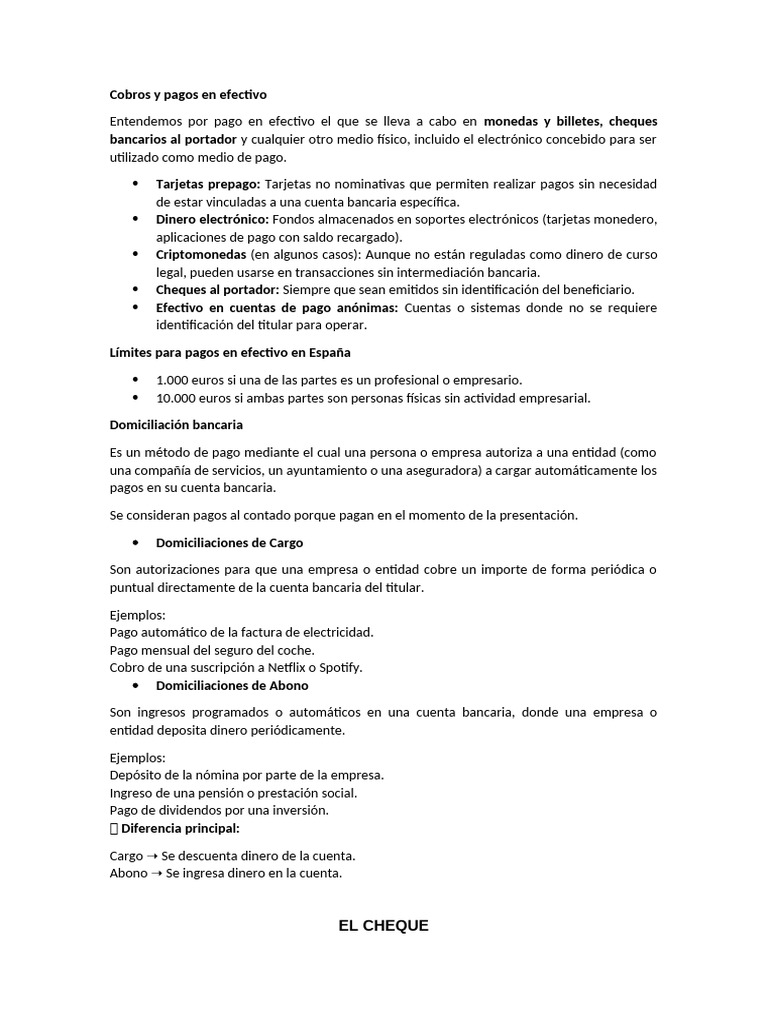 Guía sobre cobros y pagos en efectivo | PDF | Cheque | Efectivo