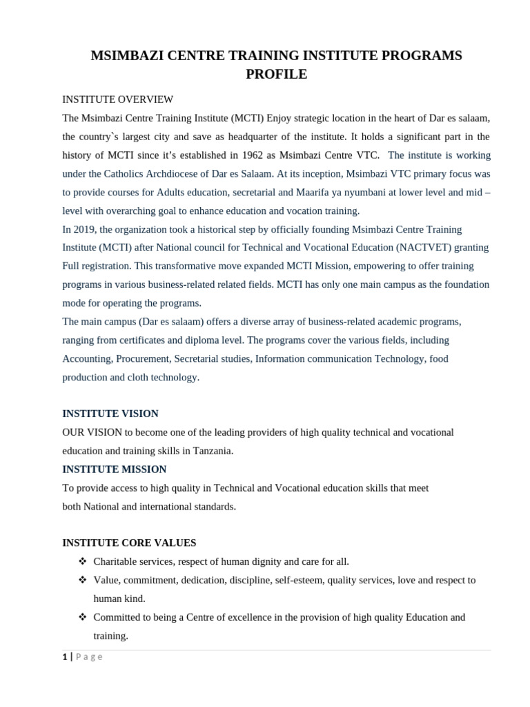 Msimbazi Centre Training Programs Overview | PDF | Cooking | Clothing